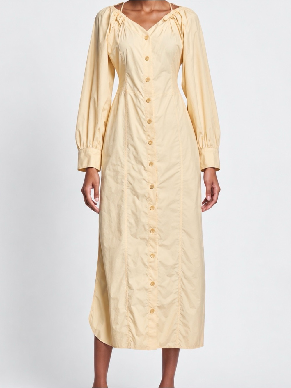Nanushka Pale Yellow Button-Front Long Sleeve Midi Dress